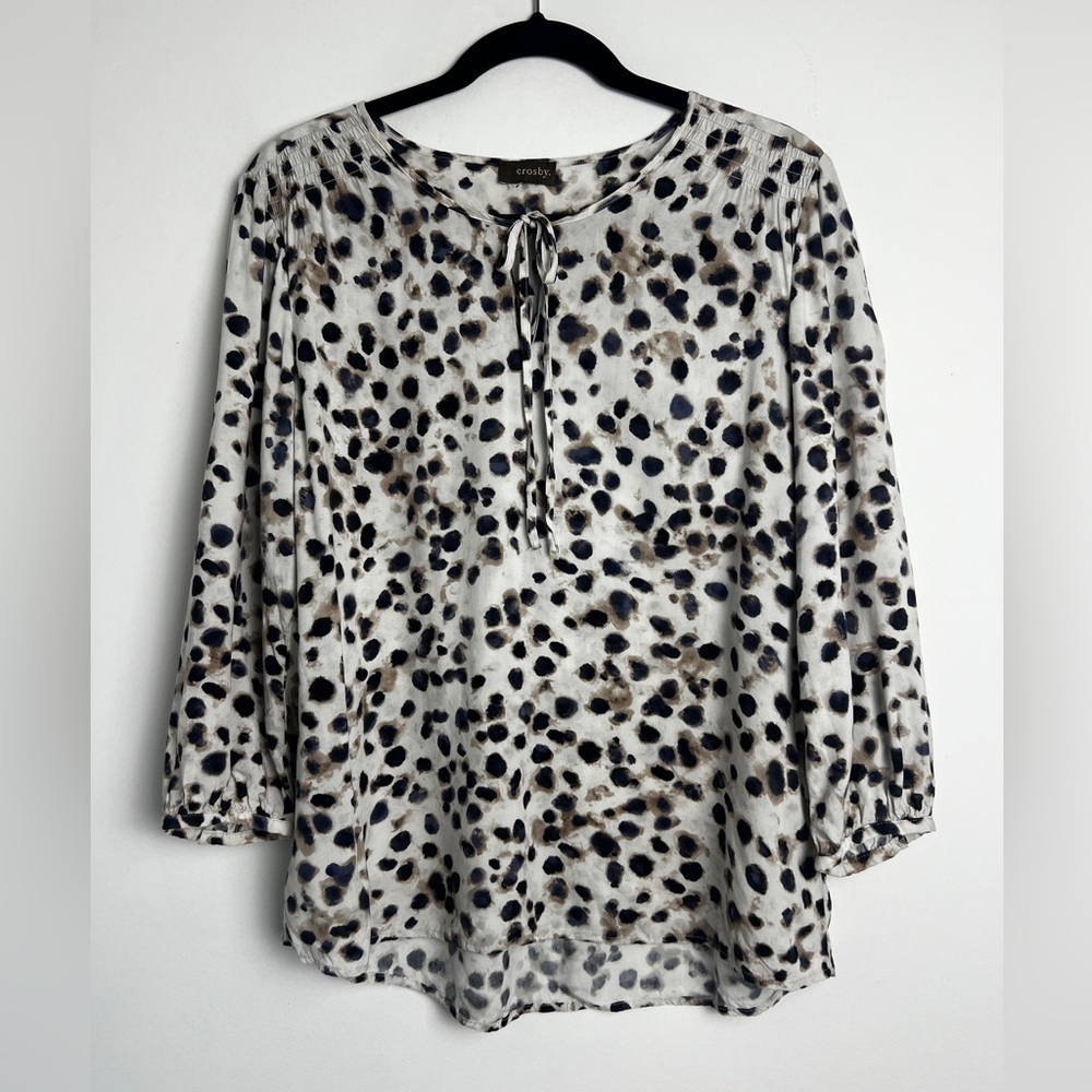 Crosby. Beige Abstract Animal Print Long Puff‎ Sleeve Pullover Blouse Top Size L